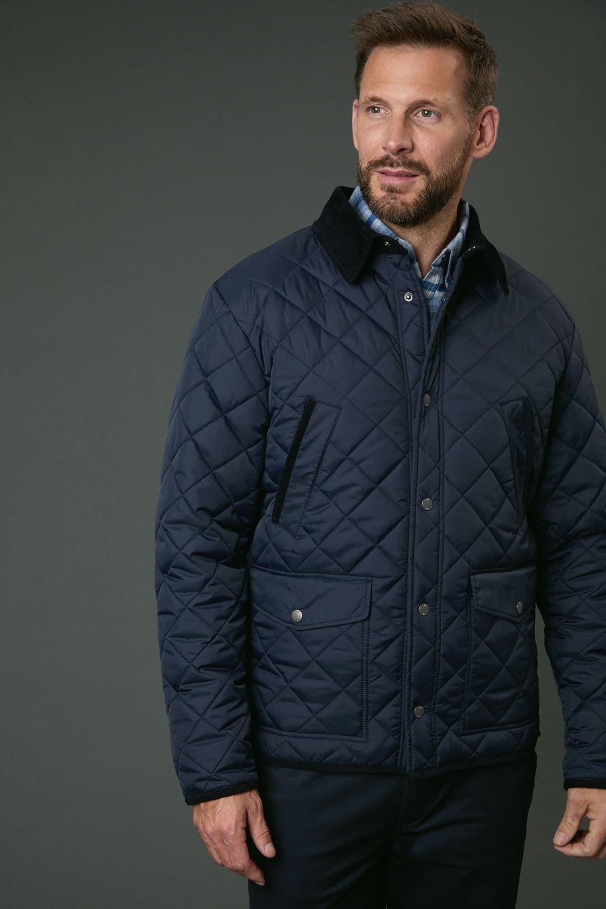 Maine Maine Men's Navy Cord Collar Diamond Quilted Jacket