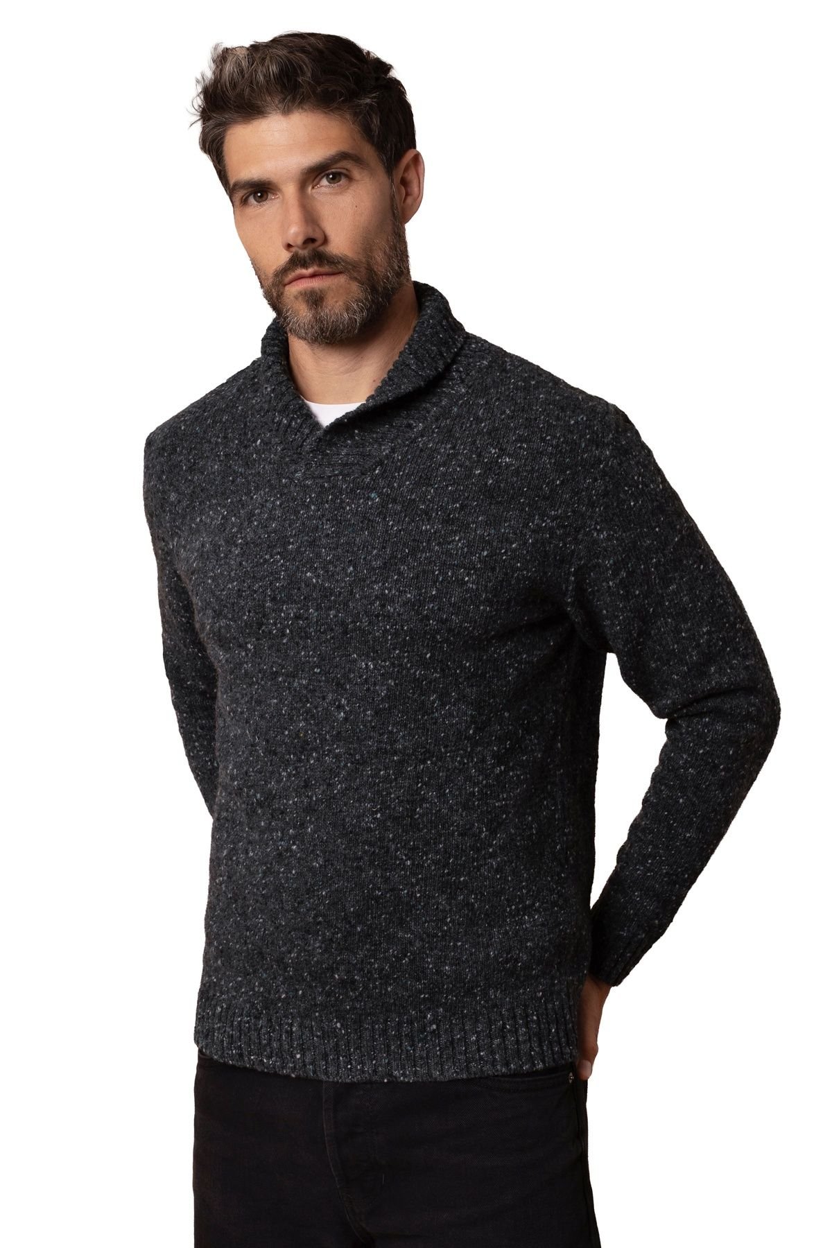 Celtic & Co Celtic & Co Men's Donegal Shawl Collar Sweater in Dark Grey - 1