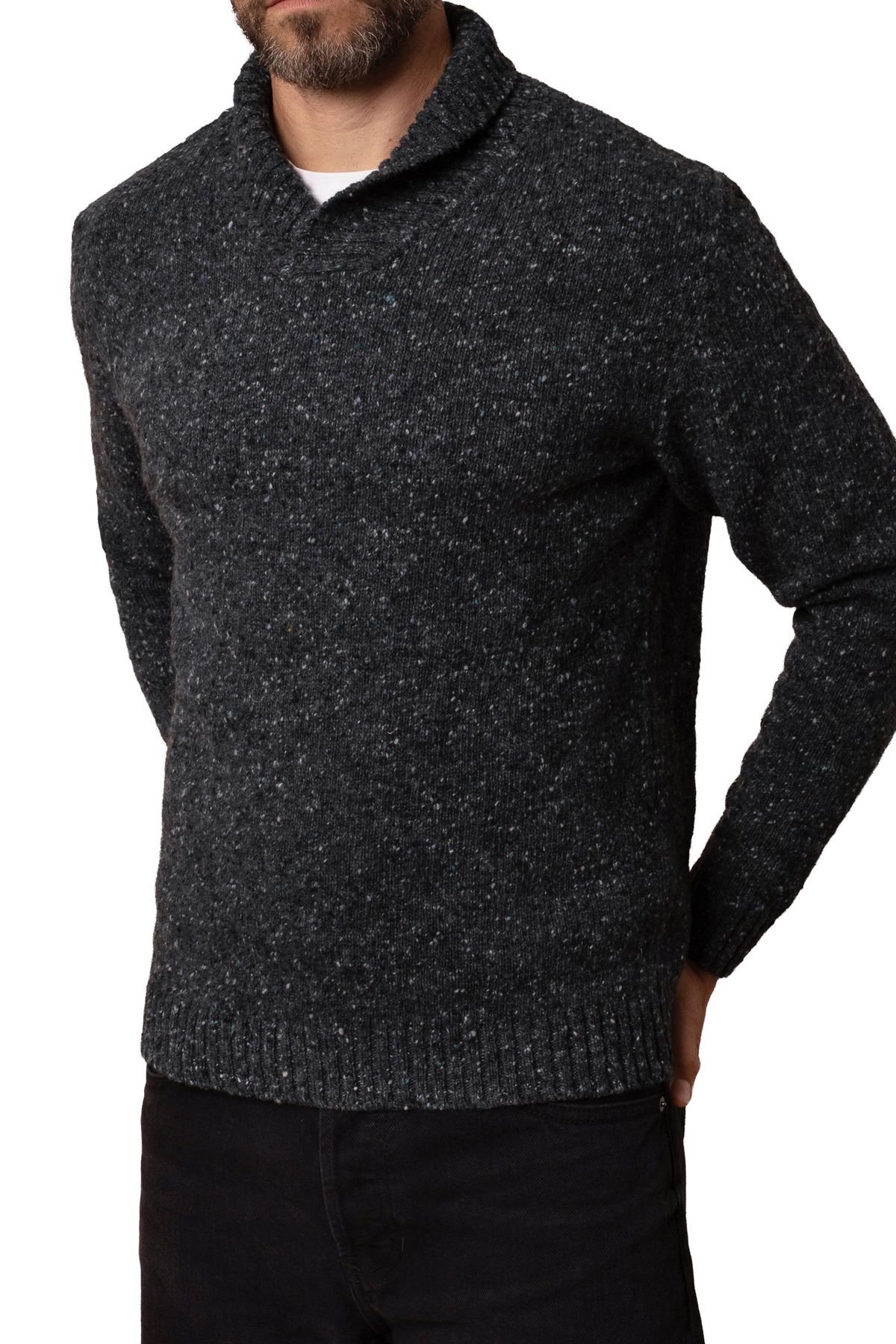 Celtic & Co Celtic & Co Men's Donegal Shawl Collar Sweater in Dark Grey - 4