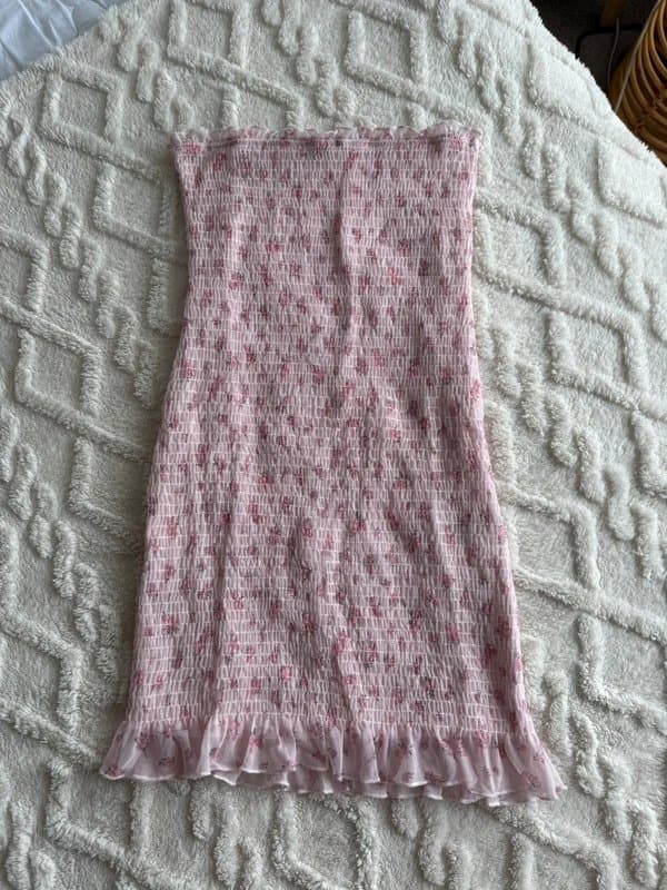 Bershka Bershka Pink Floral Shirred Bandeau Mini Dress - Size S
