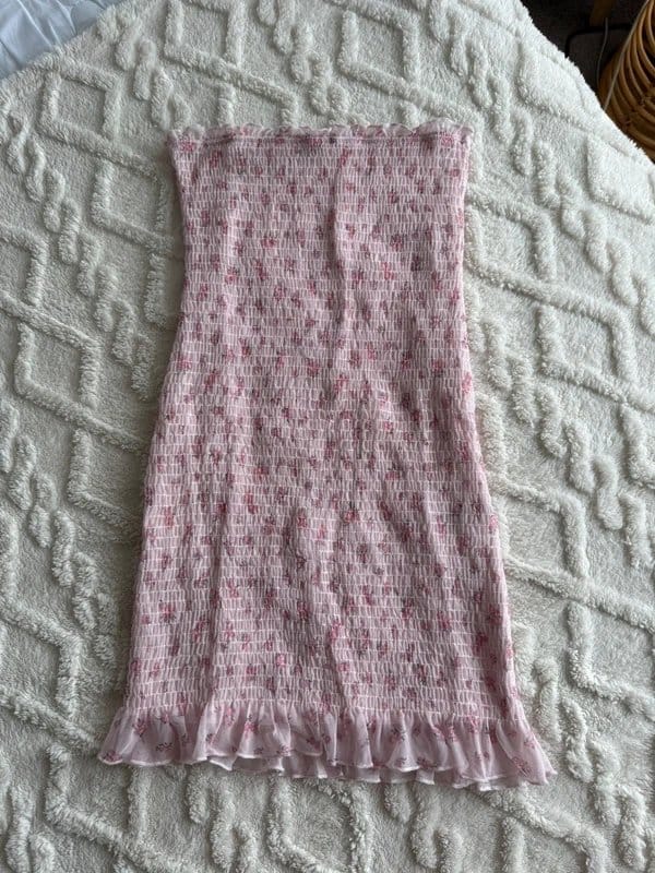 Bershka Bershka Pink Floral Shirred Bandeau Mini Dress - Size S - 1