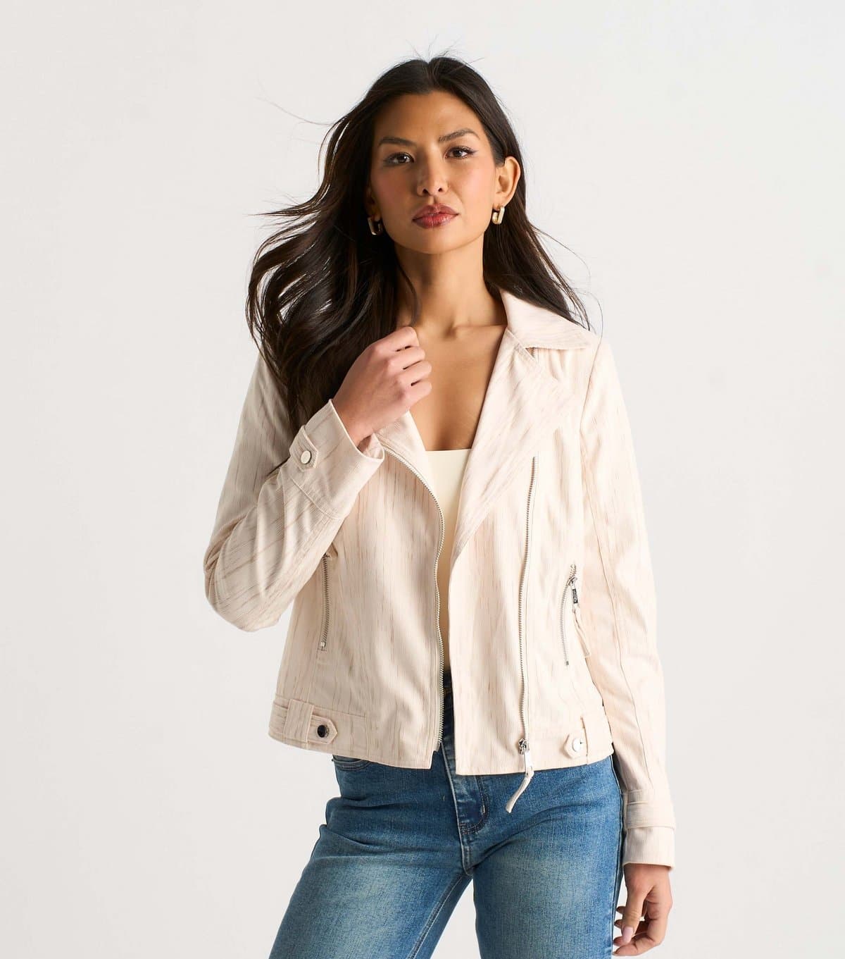 Gini London Women's Oatmeal Woven Biker Jacket Gini London New Look