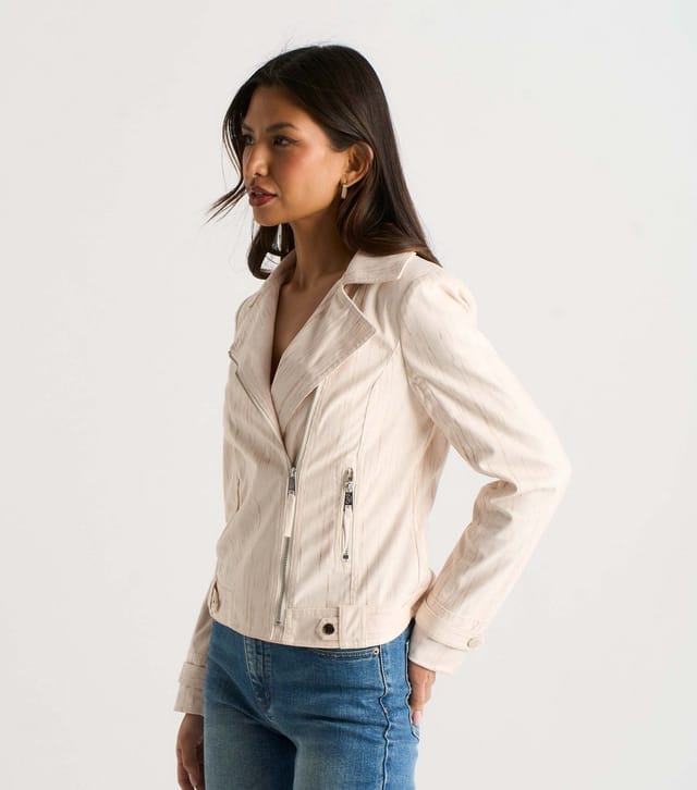 Gini London Women's Oatmeal Woven Biker Jacket Gini London New Look - 3