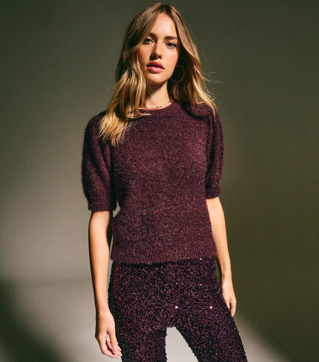 New Look Women's Dark Burgundy Fluffy Sparkle Knit Short Sleeve Jumper New Look - 2