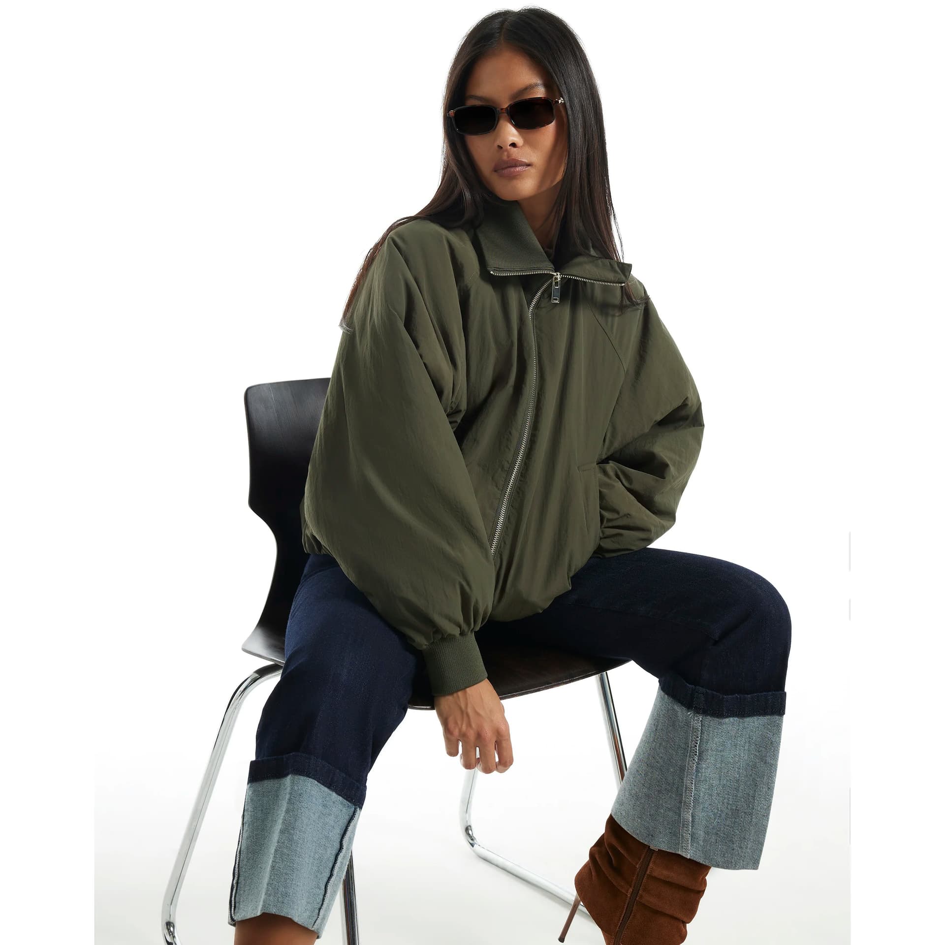 River Island River Island Womens Petite Khaki Rib Detail Bubble Bomber Jacket