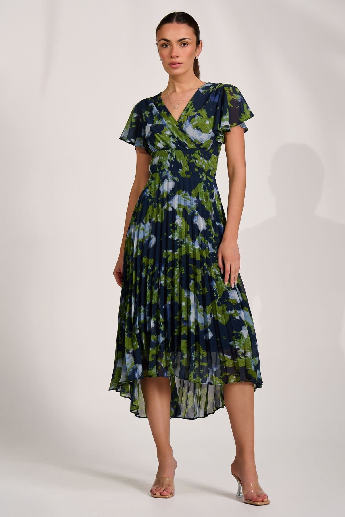 Jolie Moi Jolie Moi Women's Cap Sleeve Pleated Chiffon Maxi Dress in Dark Blue