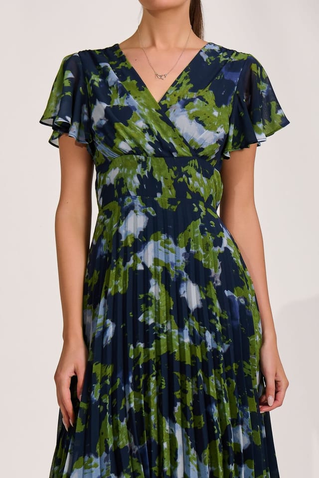 Jolie Moi Jolie Moi Women's Cap Sleeve Pleated Chiffon Maxi Dress in Dark Blue - 3