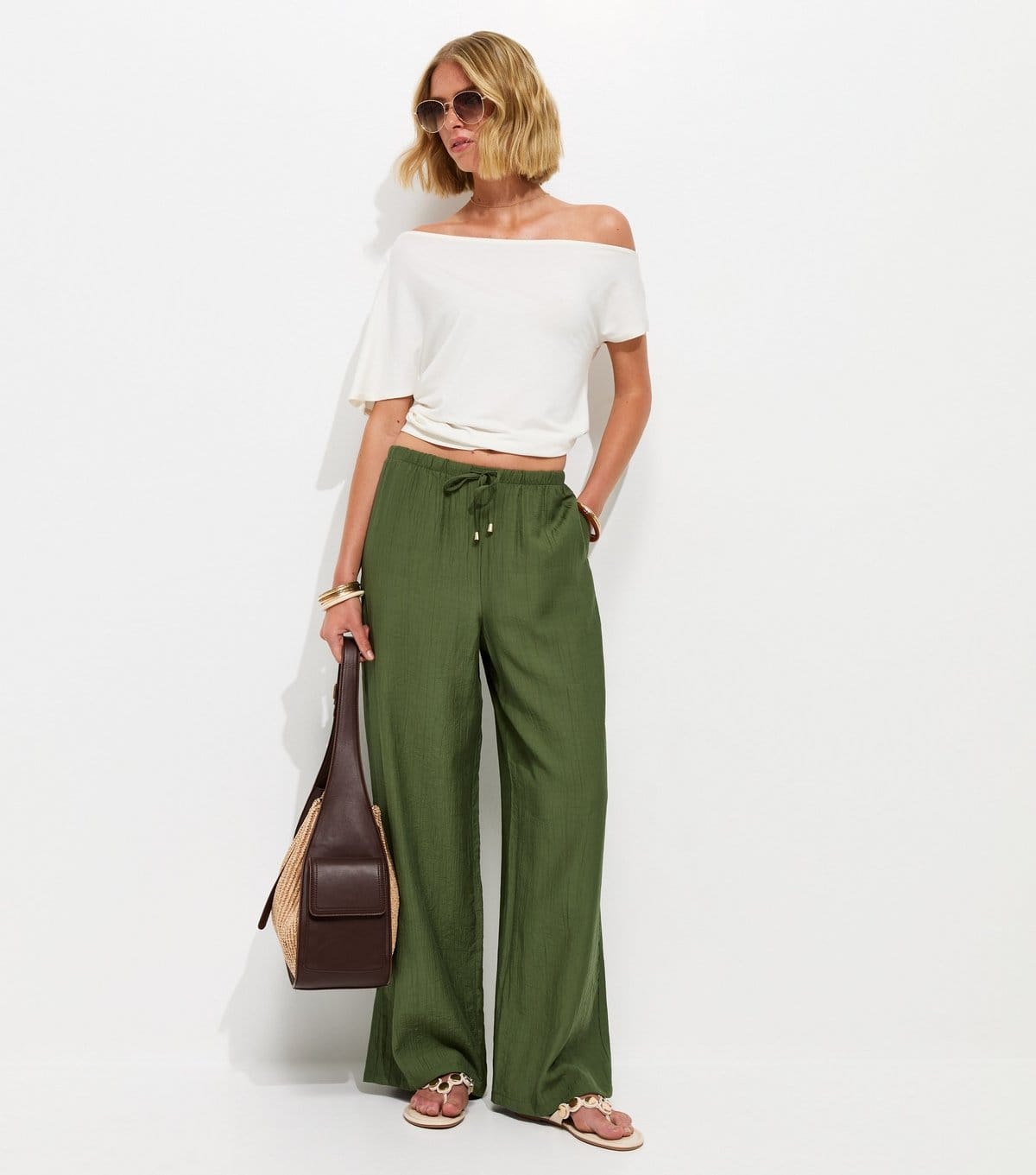 New Look Women's Light Khaki Crinkle Wide Leg Trousers New Look - 4