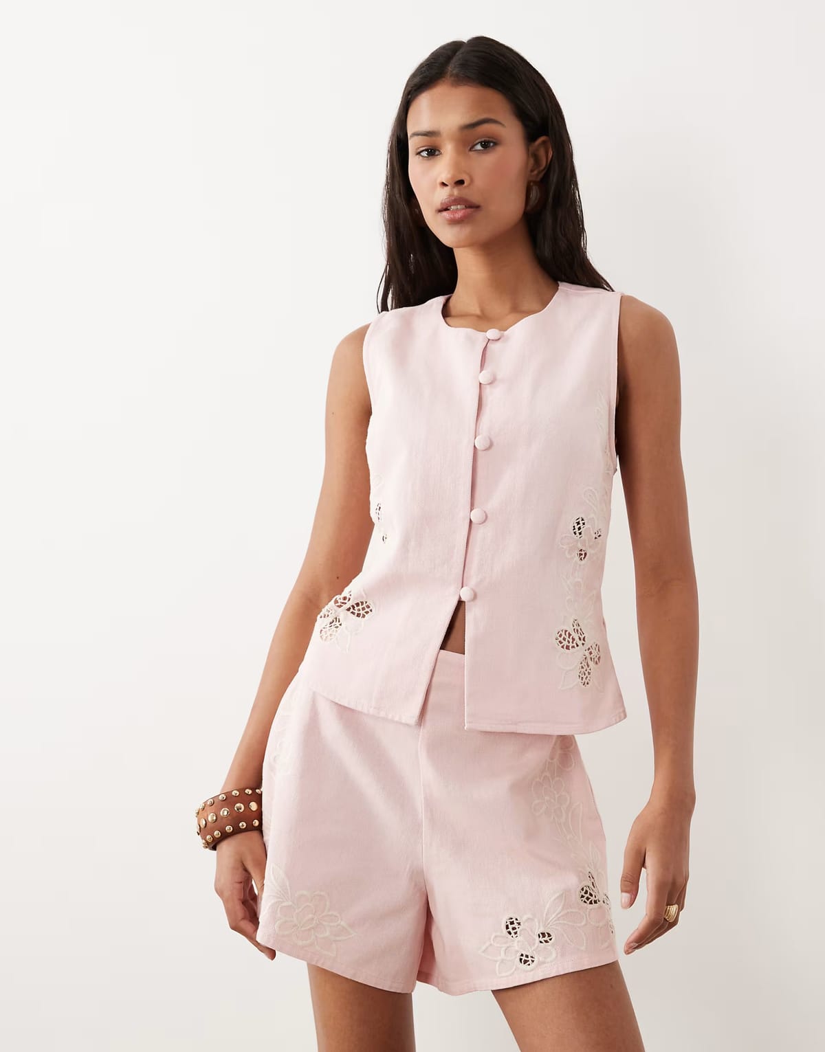 ASOS ASOS DESIGN denim short with cutwork detail in pink - 1