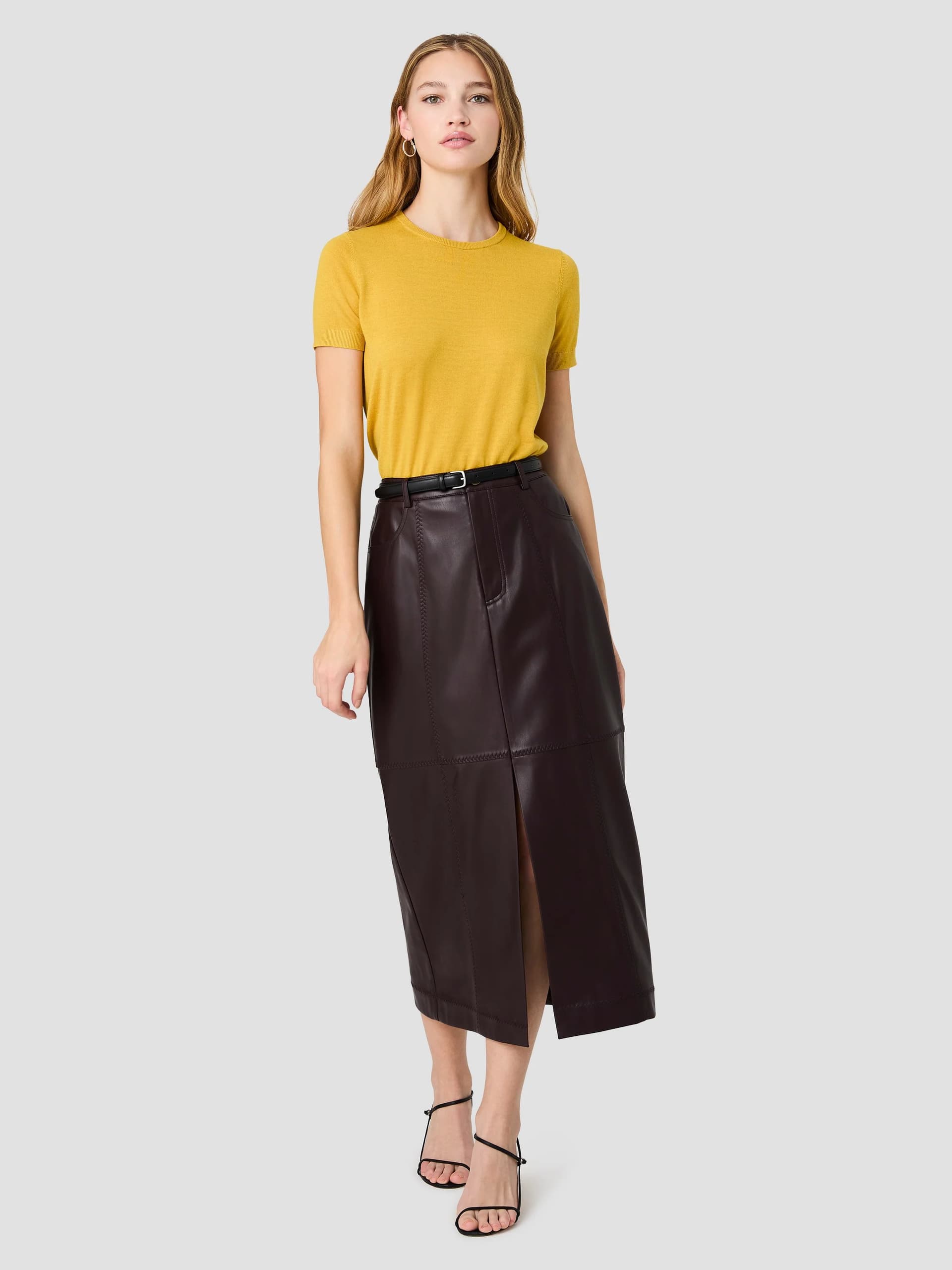 French Connection Madeline Brown Faux Leather Midi Skirt Chocolate Brown