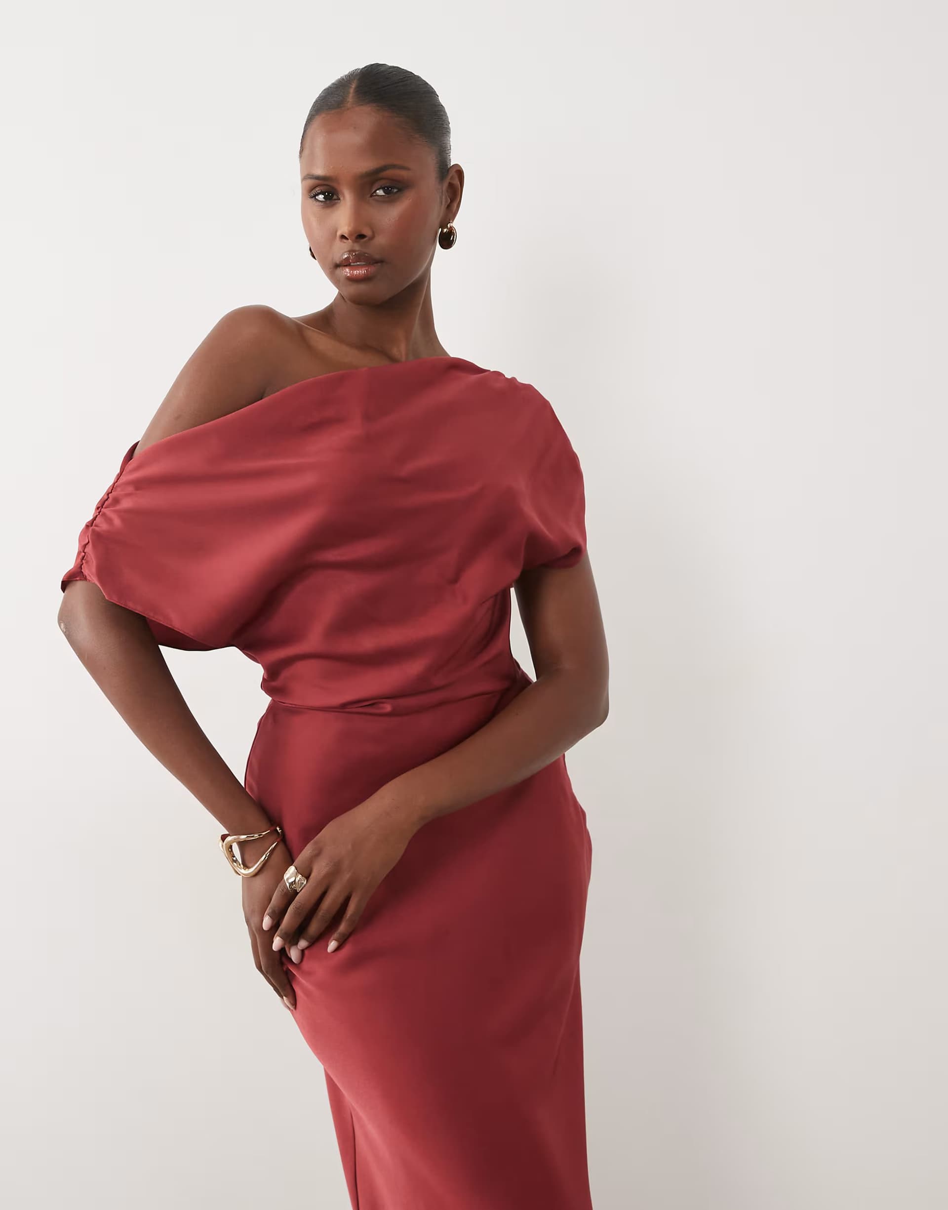 ASOS ASOS DESIGN one shoulder asymmetric satin maxi dress in deep red