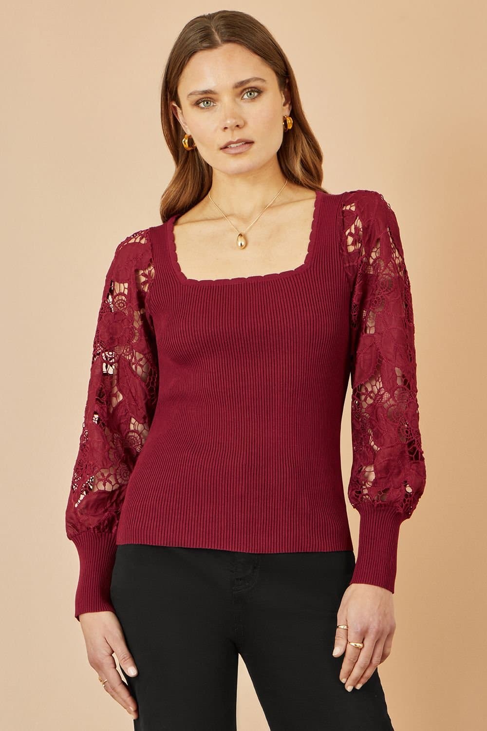 Yumi Yumi Burgundy Ribbed Knitted Top With Lace Sleeves