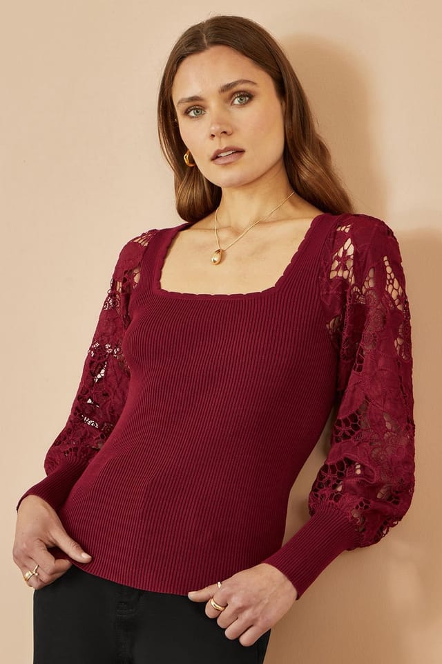 Yumi Yumi Women's Burgundy Ribbed Knitted Top With Lace Sleeves - 2