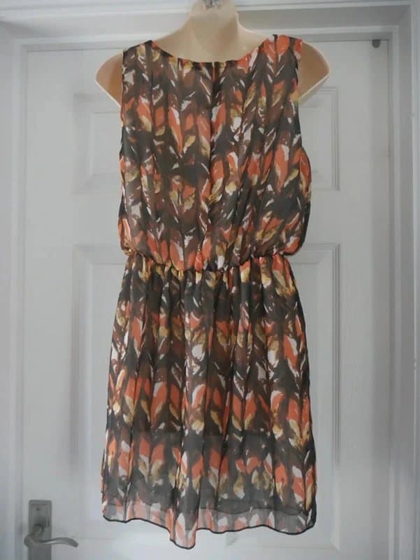 Carbon Chiffon Summer Dress New Ladies Size 12 Carbon Brown Orange Leaf TeaDress Skater