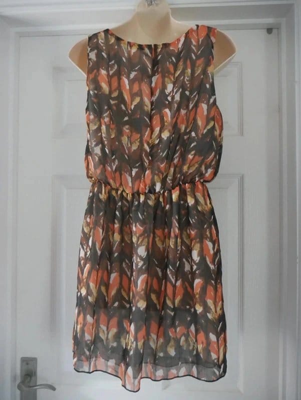 Carbon Brown Orange Chiffon Skater Dress - High Neckline