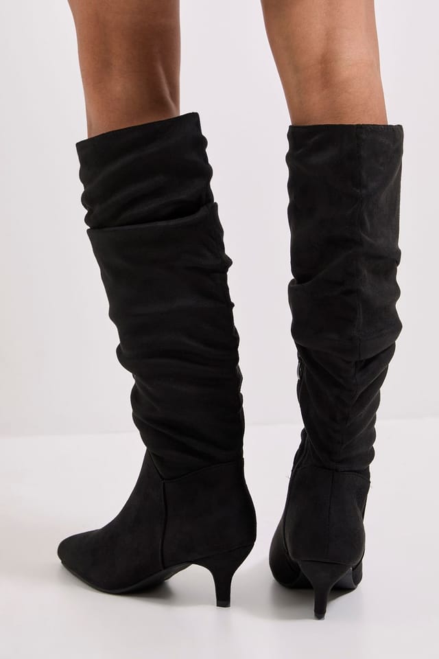 Dorothy Perkins Dorothy Perkins Women's Khloe Faux Suede Kitten Heel Knee High Ruched Boots in Natural Black - 3
