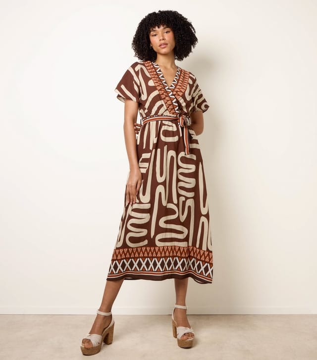 Blue Vanilla Women's Brown Abstract Print Belted Midi Dress Blue Vanilla New Look - 3