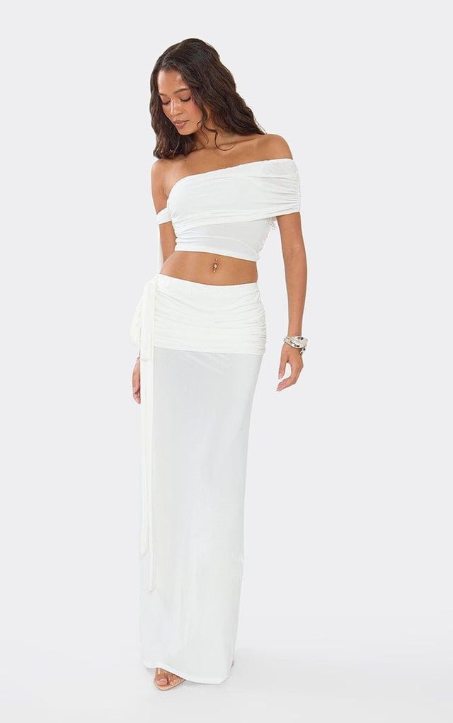 EGO Mid Rise Ruched Tie Detail Maxi Skirt In Cream Slinky, Women's Size UK 6 - 2