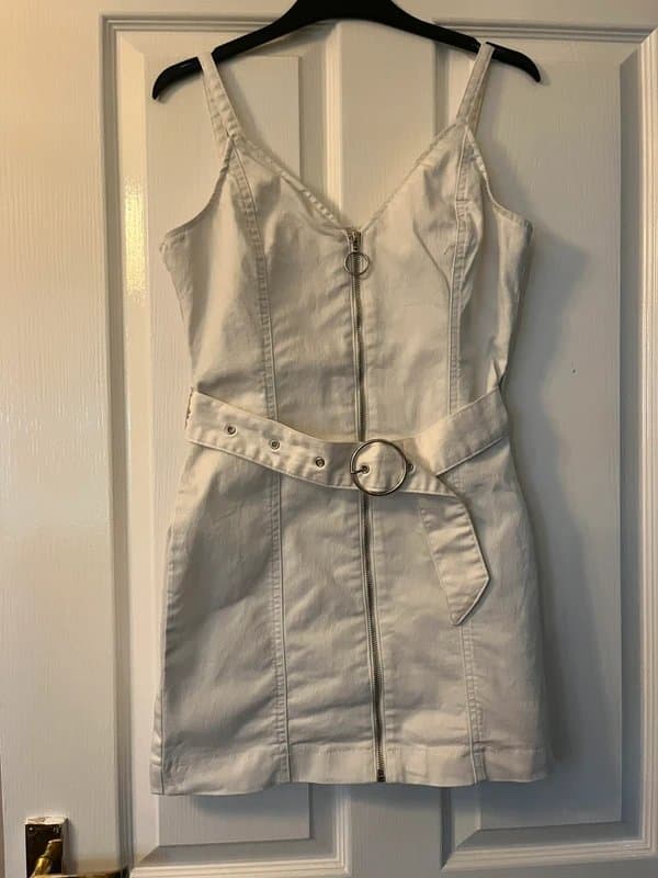 Bershka Bershka White Denim Zip Front Belted Y2K Bodycon Mini Festival Summer Holiday Dress Size Euro L (14)