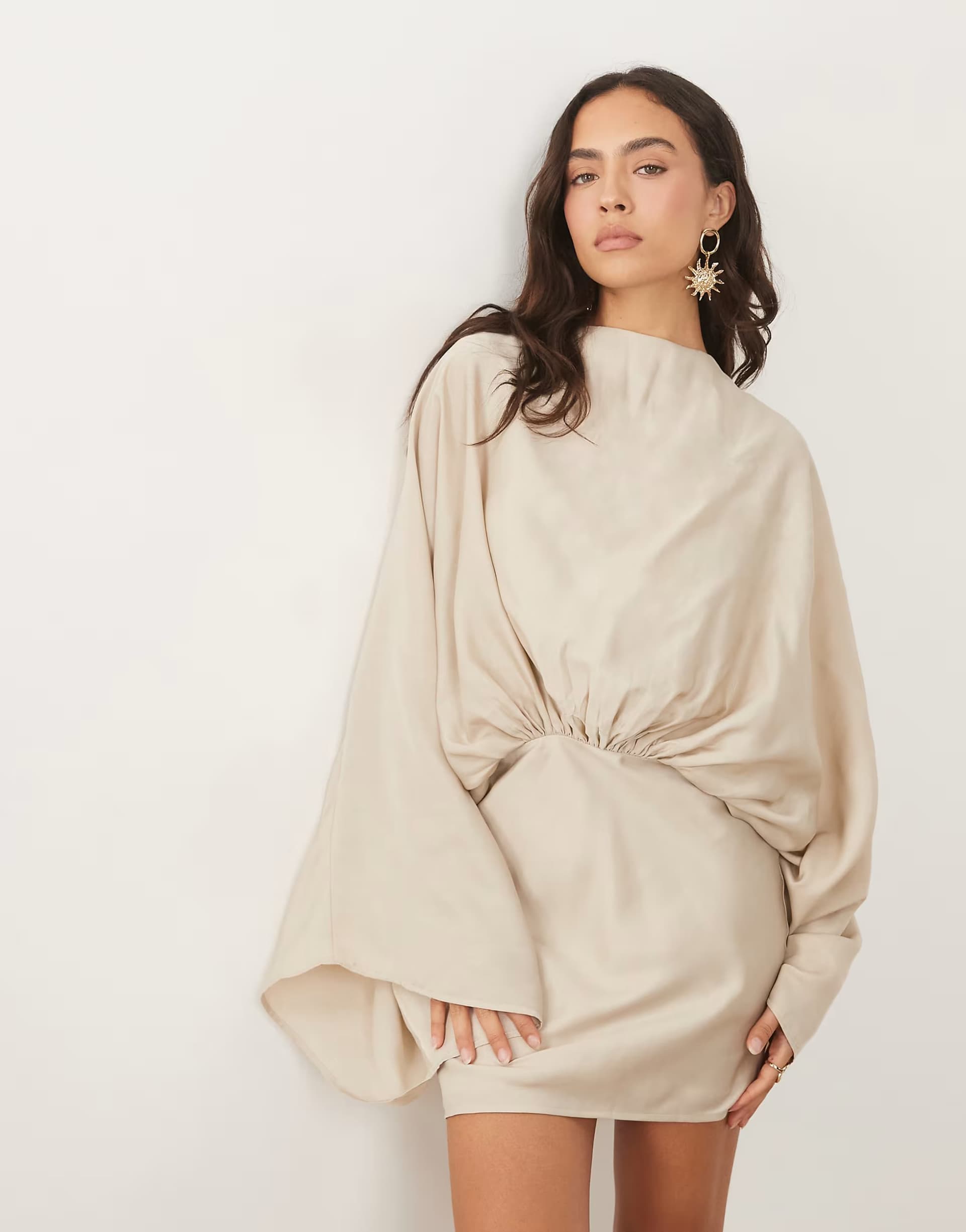 ASOS ASOS DESIGN cape sleeve open back mini dress with tassels in stone