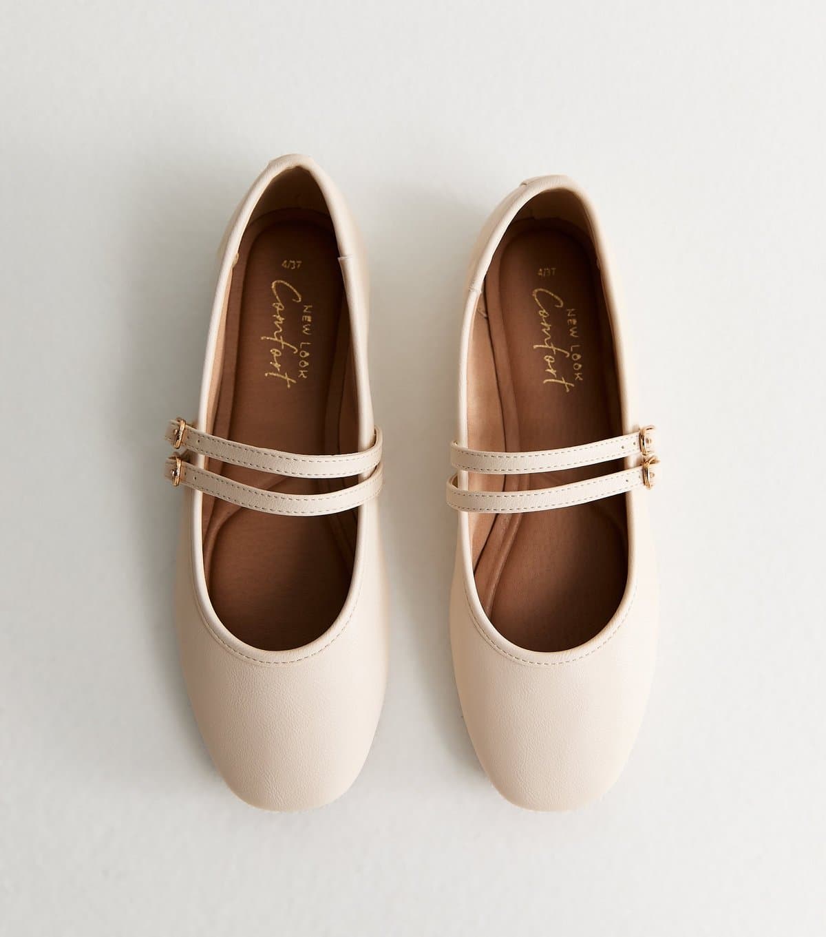 New Look Women's Off White Faux Leather Double Strap Mary Jane Ballet Flats Vegan New Look