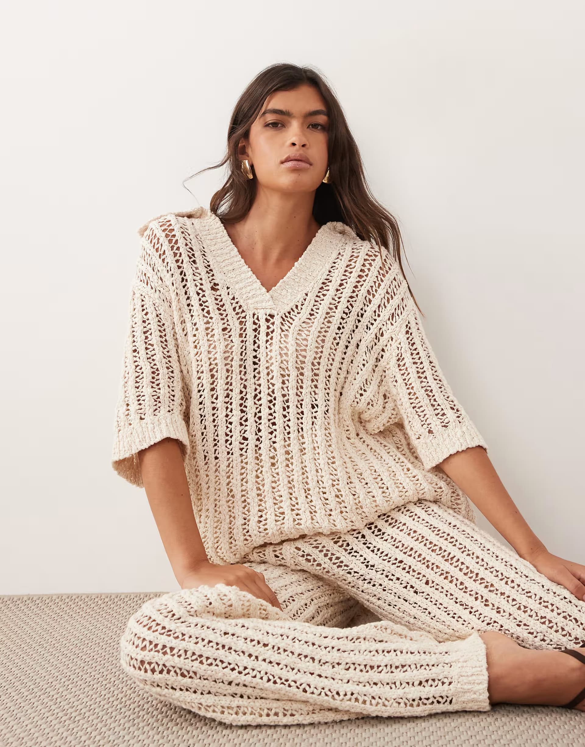 ASOS ARRANGE crochet collared top co ord in ivory