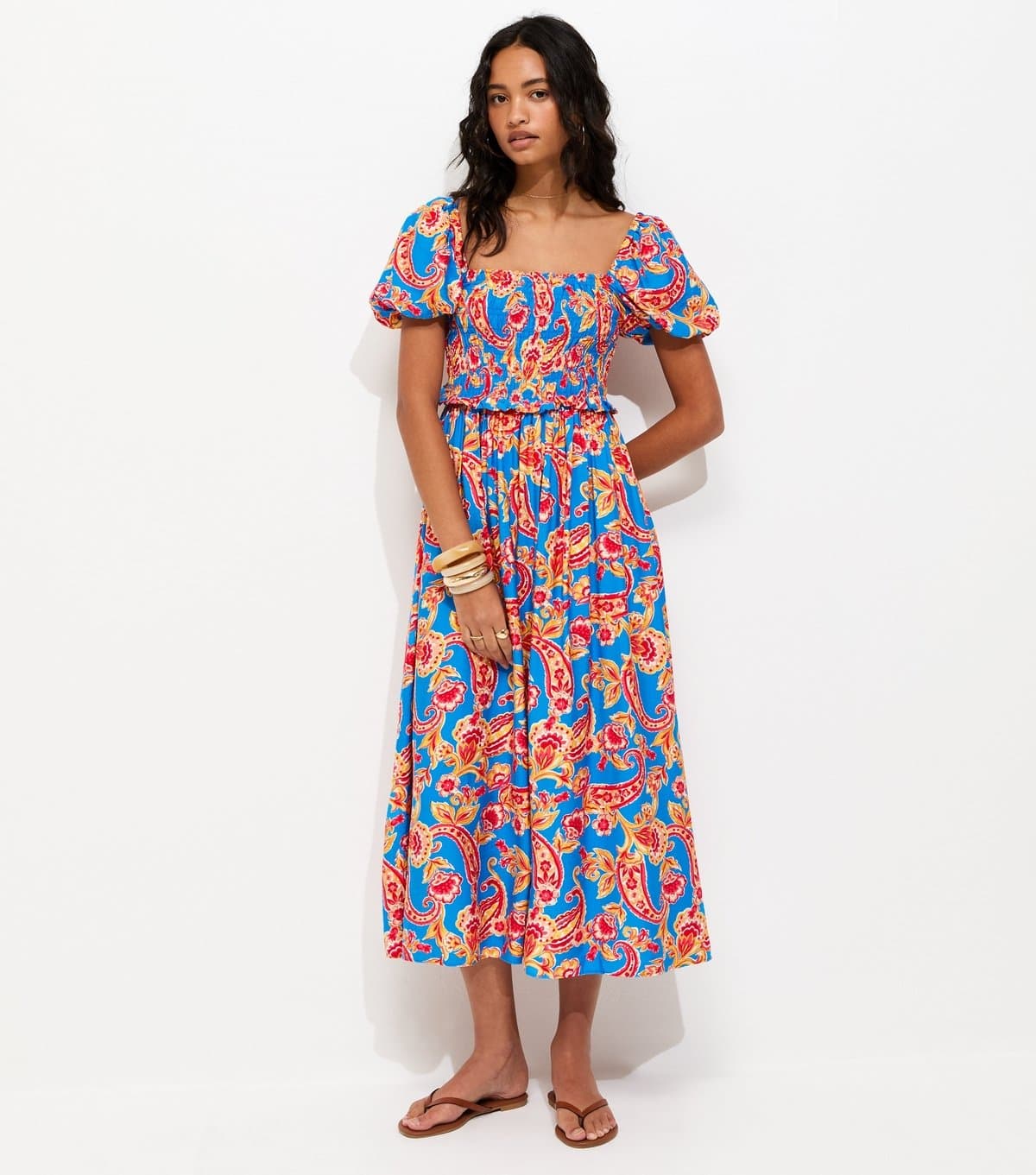 New Look Women's Blue Floral Shirred Puff Sleeve Midi Dress New Look