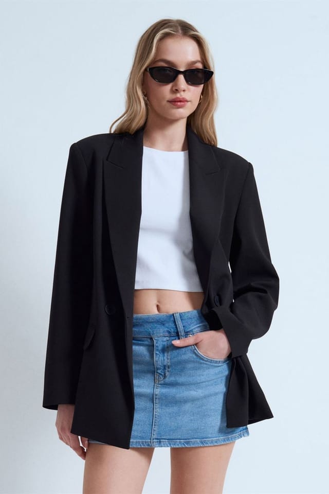 Dilvin Dilvin Women's Long Crepe Blazer Jacket in Black - 3