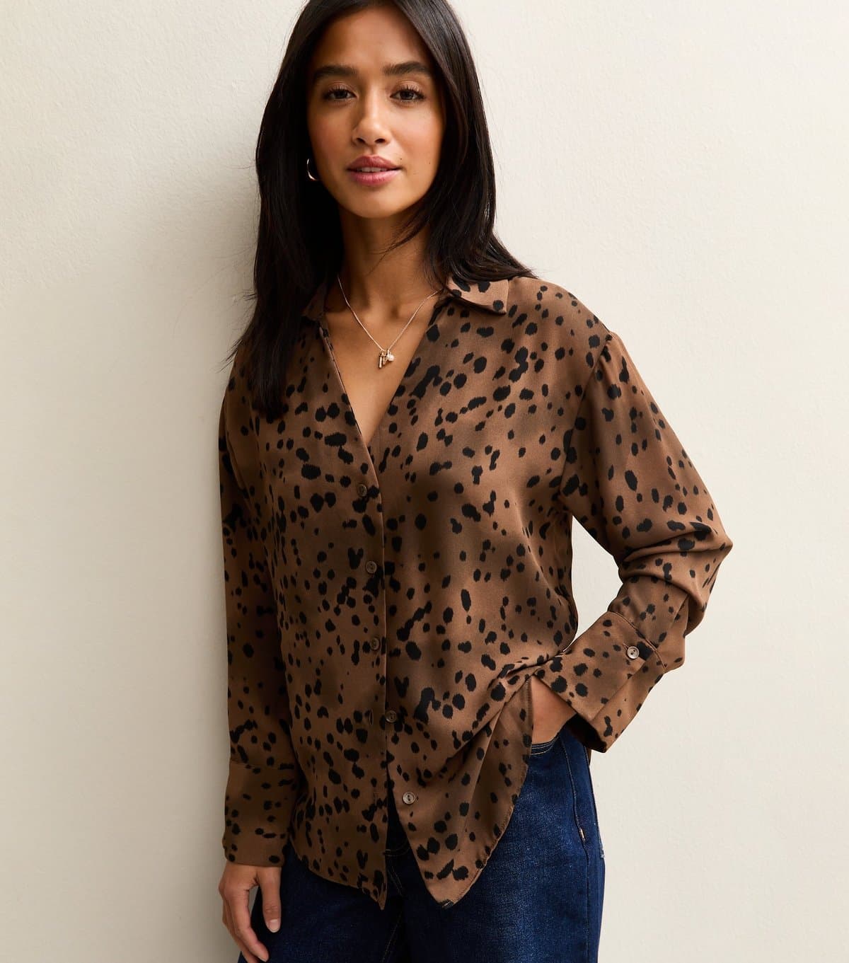 New Look Women's Petite Brown Spotty Open Collar Shirt New Look
