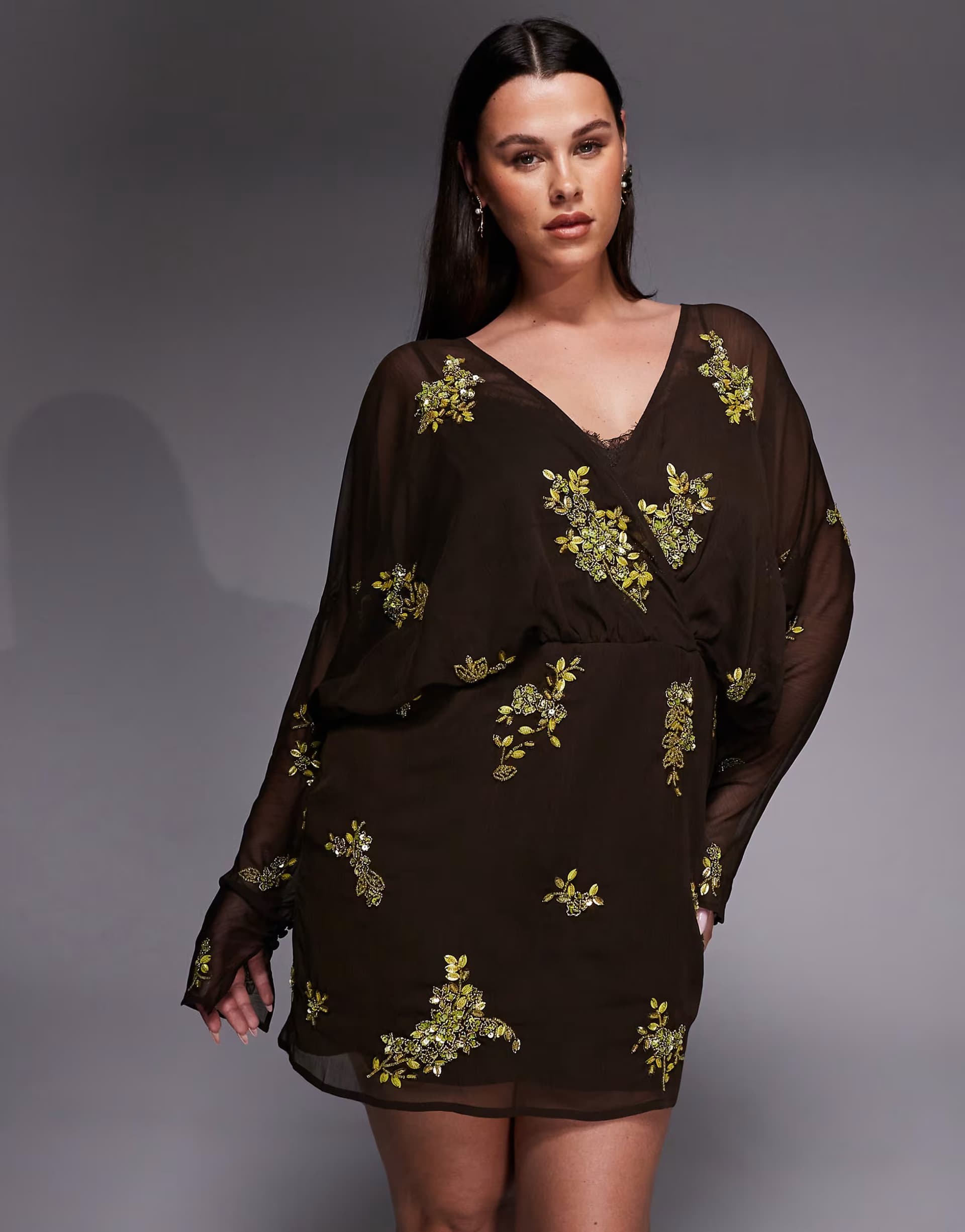ASOS ASOS DESIGN Curve batwing embellished  slouchy hip mini dress with lace cami in chocolate and lime