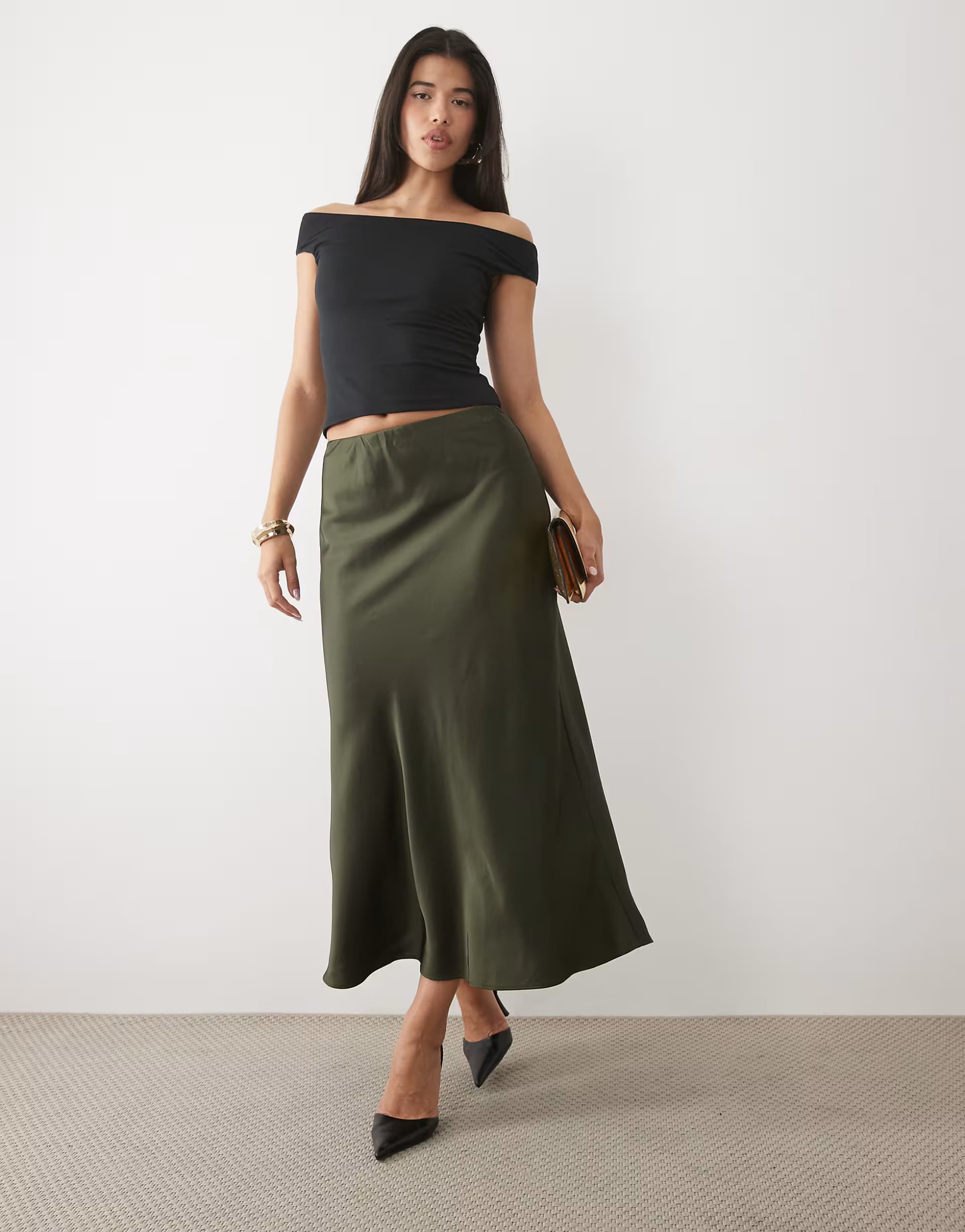ASOS Nobody's Child Eton satin mid rise elasticated waist midi skirt in dark green