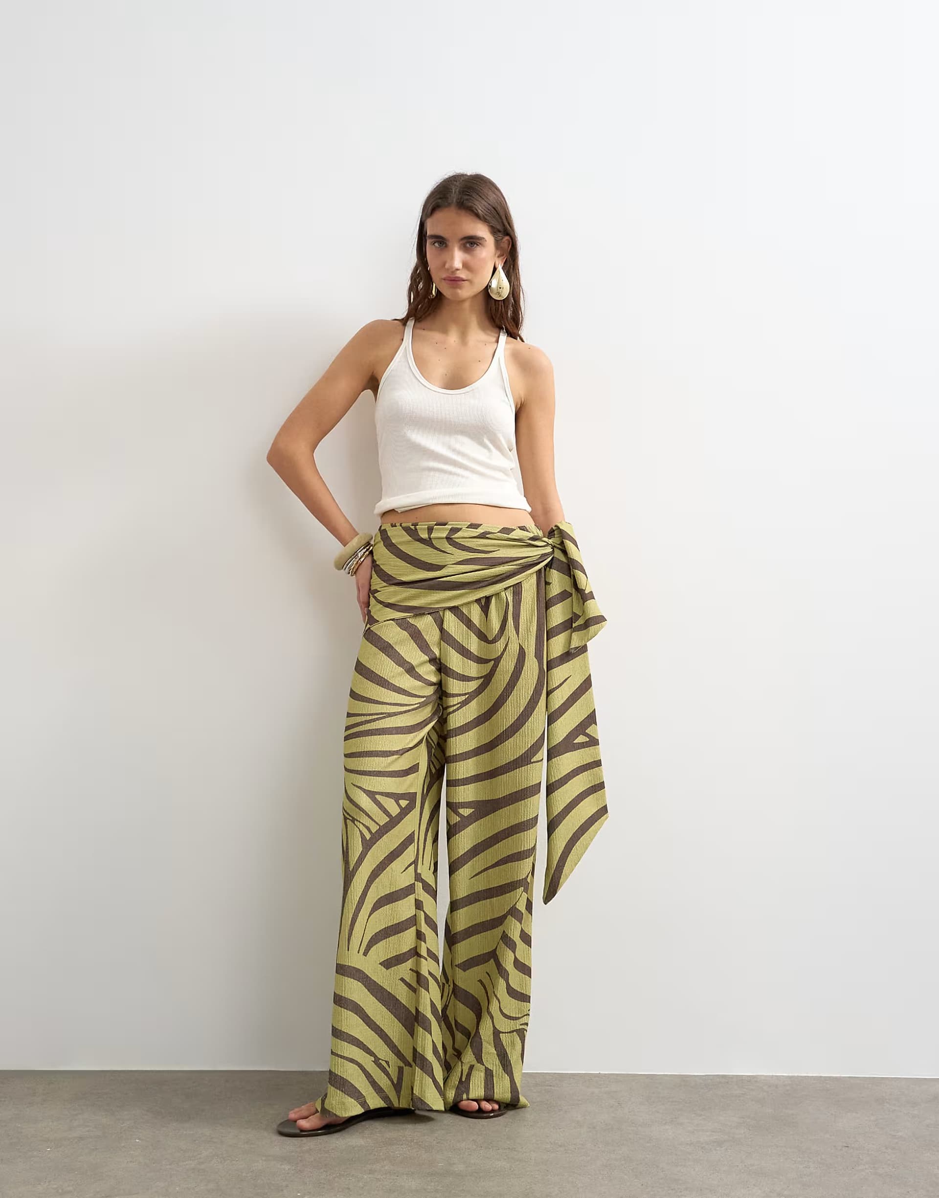 ASOS Topshop animal plisse wrap scarf detail trousers in green