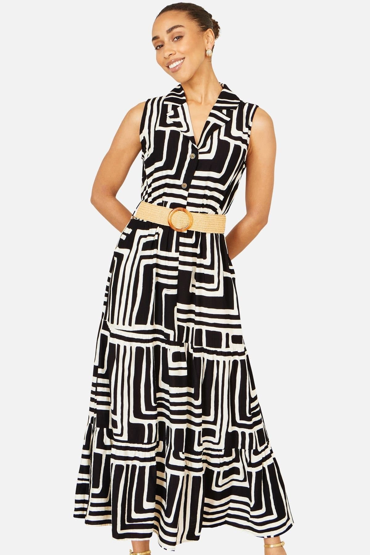 Yumi Yumi Women's Viscose Geo Print Midi Shirt Dress With Matching Belt in Black