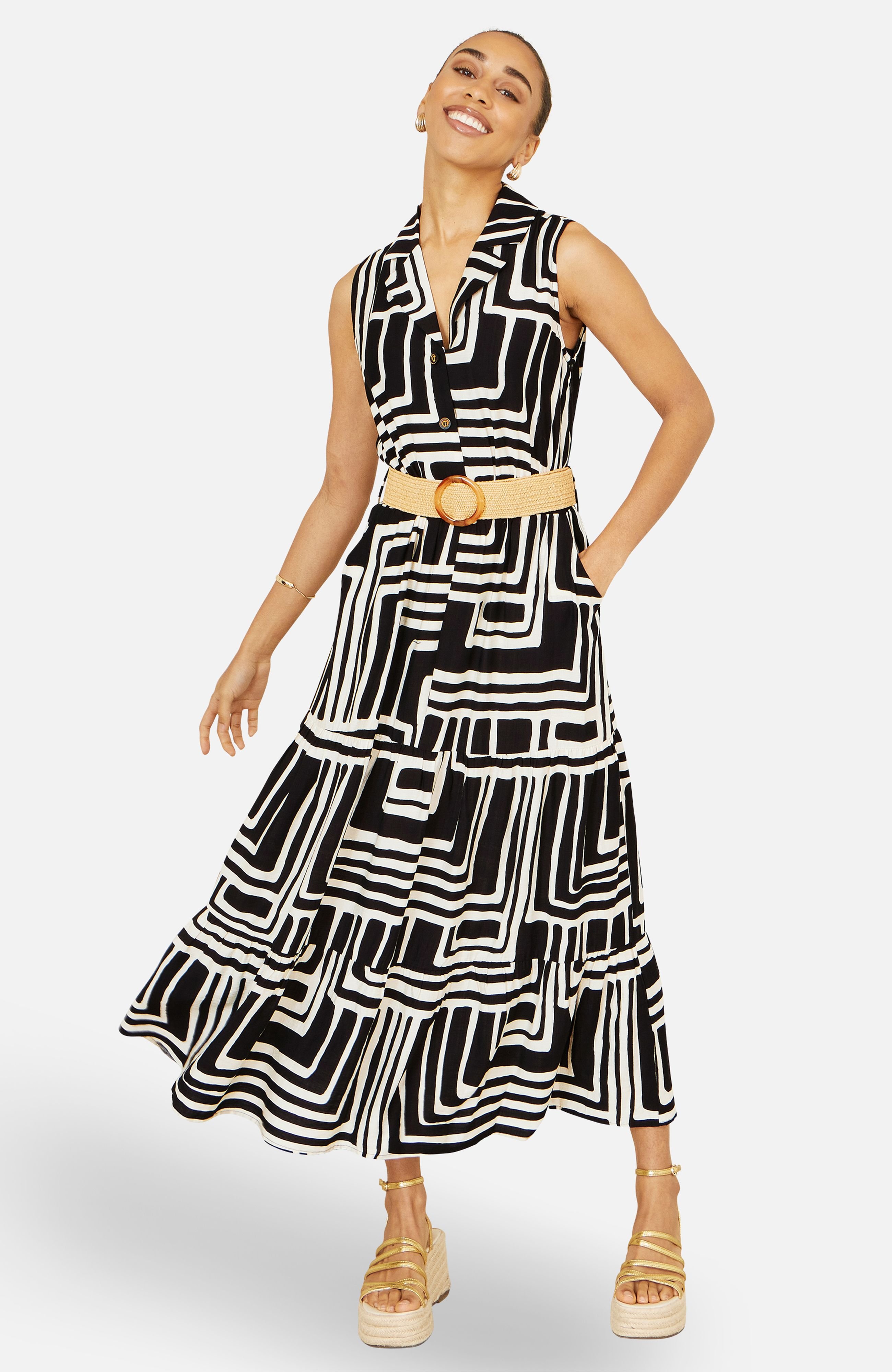 Yumi Yumi Women's Viscose Geo Print Midi Shirt Dress With Matching Belt in Black - 2