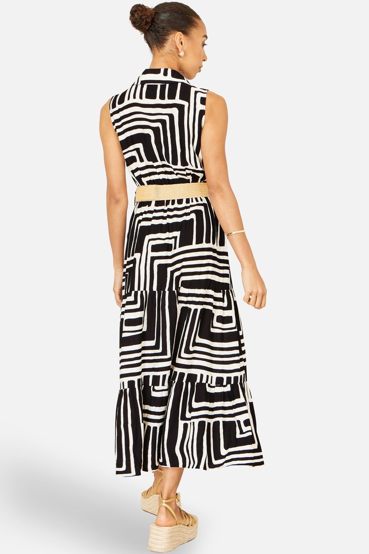 Yumi Yumi Women's Viscose Geo Print Midi Shirt Dress With Matching Belt in Black - 3