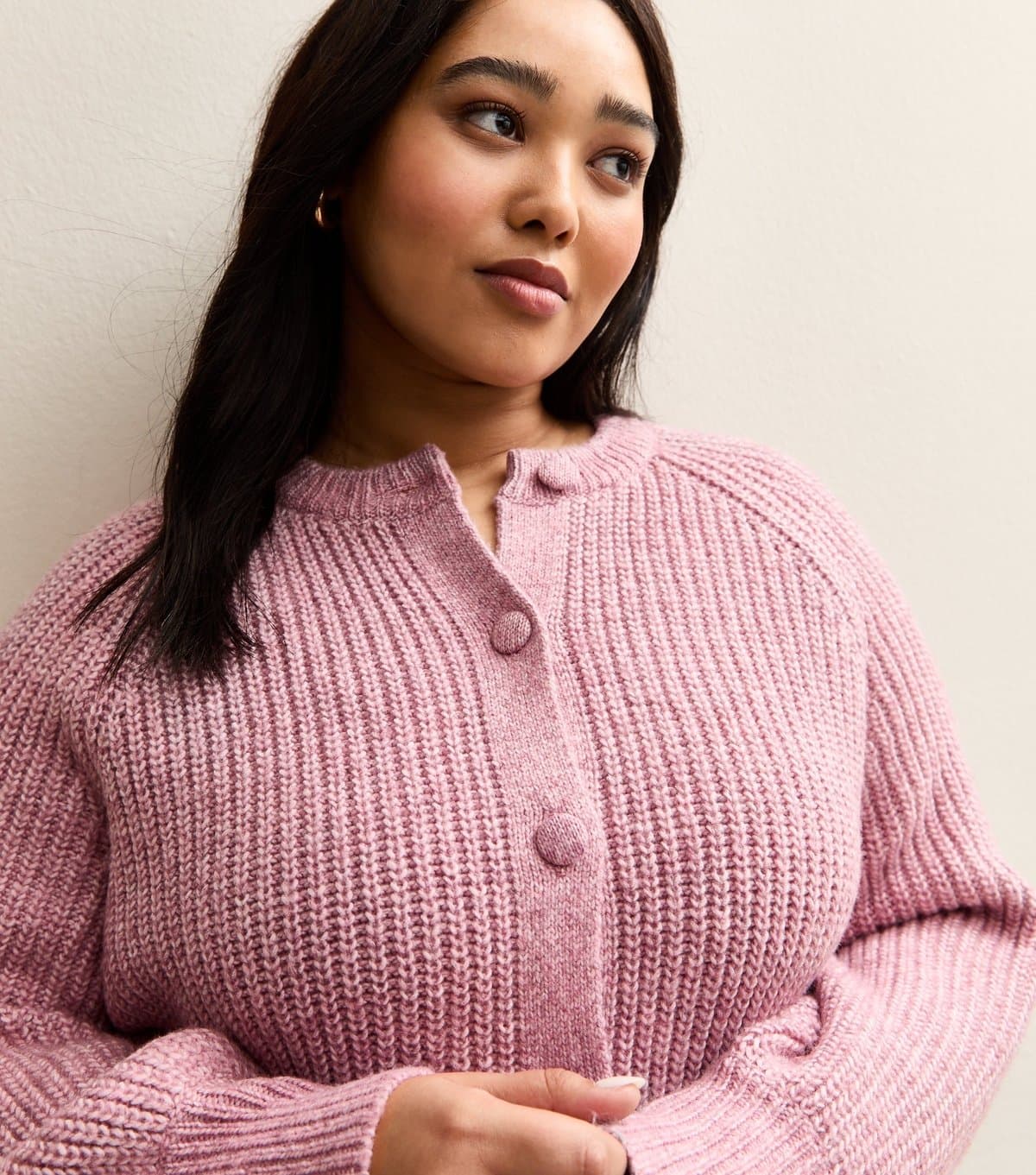 New Look Women's Plus Size Pink Ribbed Knit Raglan Sleeve Cardigan Curves New Look
