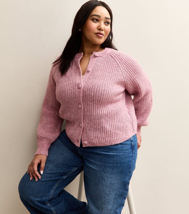 New Look Women's Plus Size Pink Ribbed Knit Raglan Sleeve Cardigan Curves New Look - 2