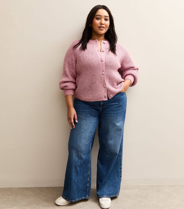 New Look Women's Plus Size Pink Ribbed Knit Raglan Sleeve Cardigan Curves New Look - 3
