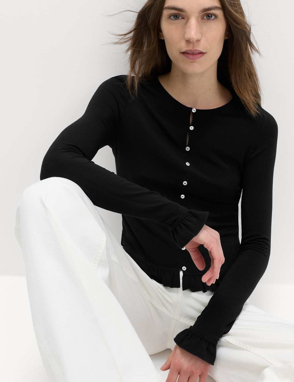 Marks & Spencer M&S Ruffle Button Through Cardigan Black