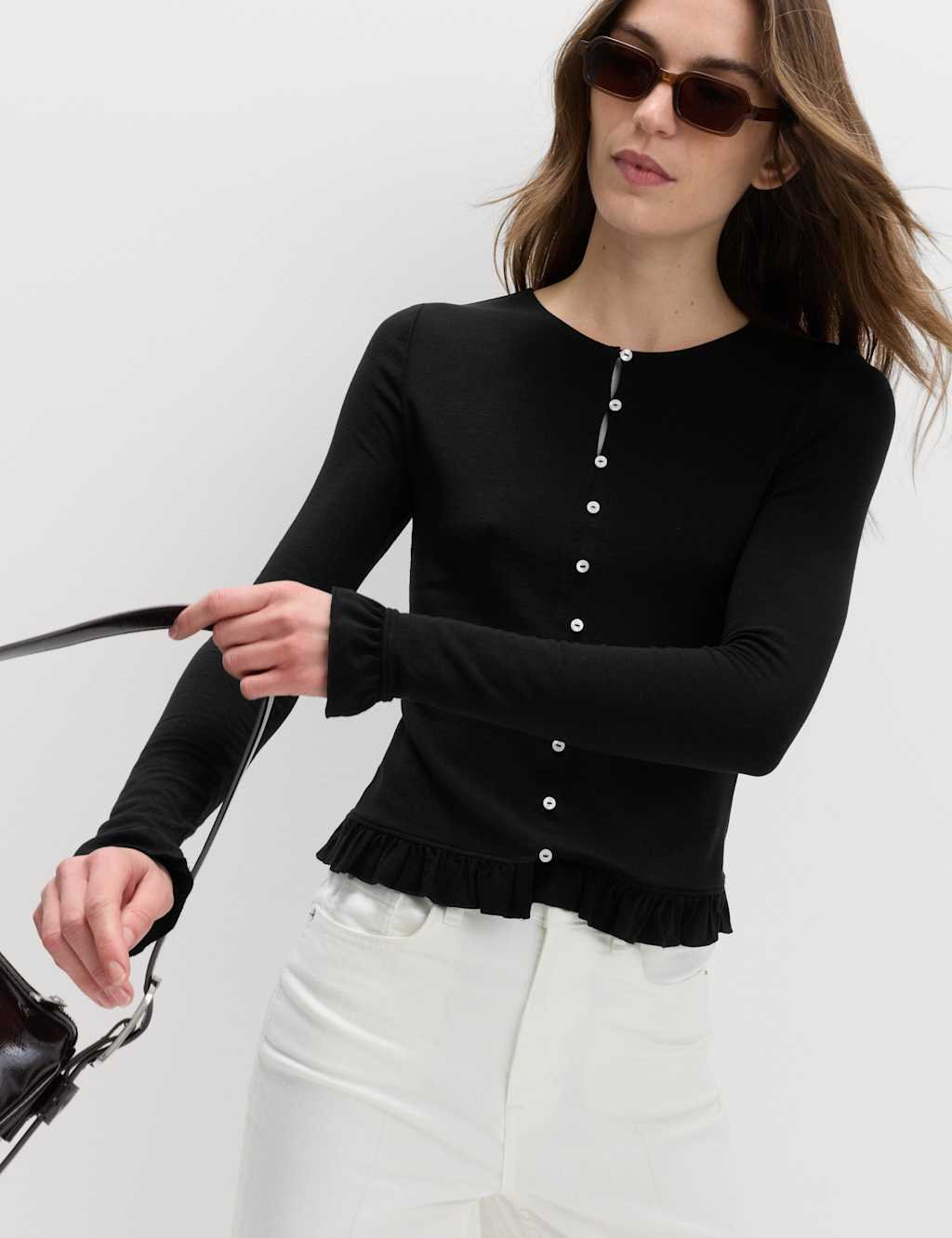 Marks & Spencer M&S Ruffle Button Through Cardigan Black - 4