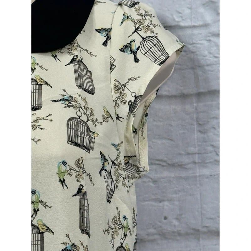 Dorothy Perkins Dorothy Perkins Blouse Cream White Black Chiffon Size 6 Bird & Birdcage Print