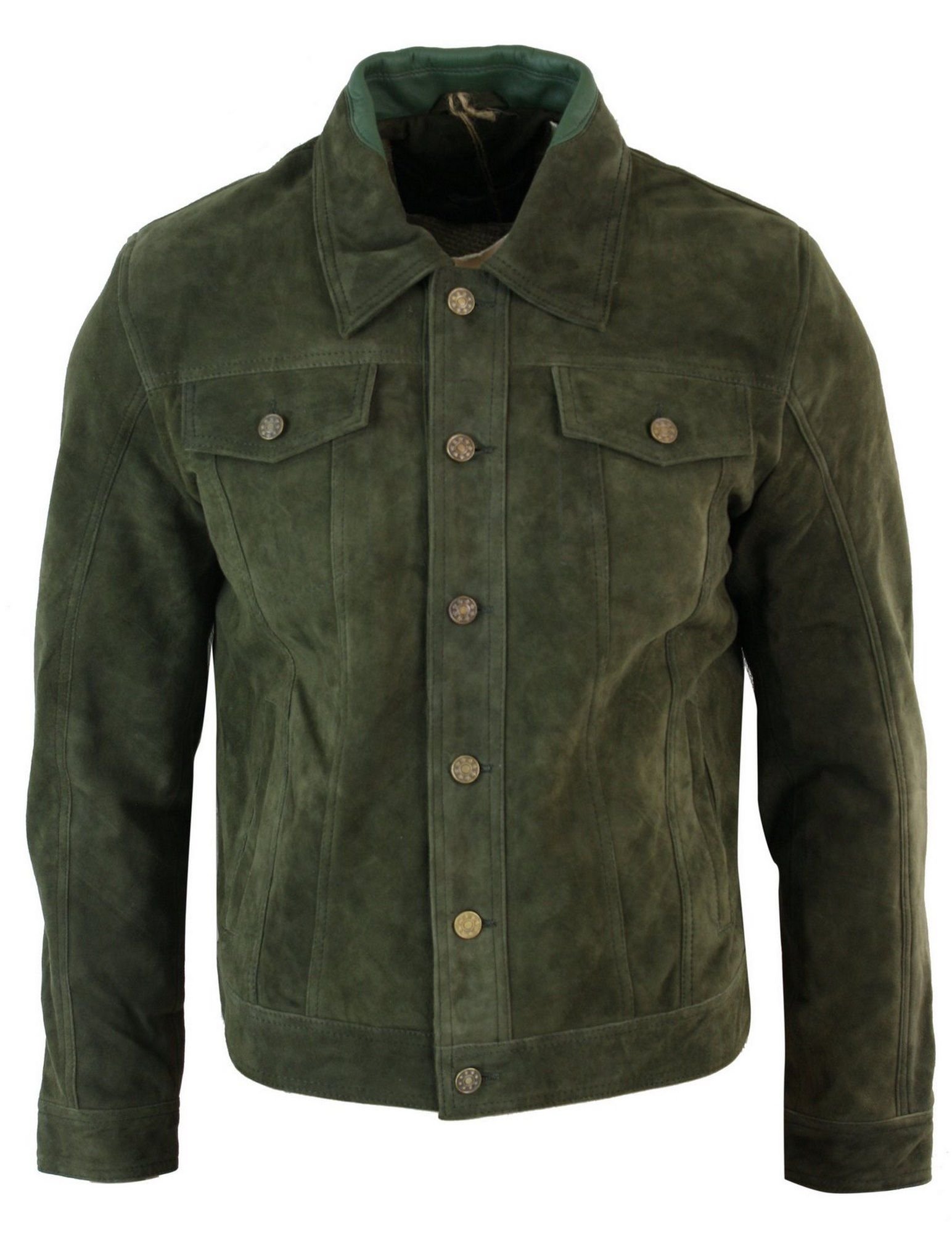 TruClothing TruClothing Men's Vintage Denim Retro Suede Leather Jacket in Olive - 2