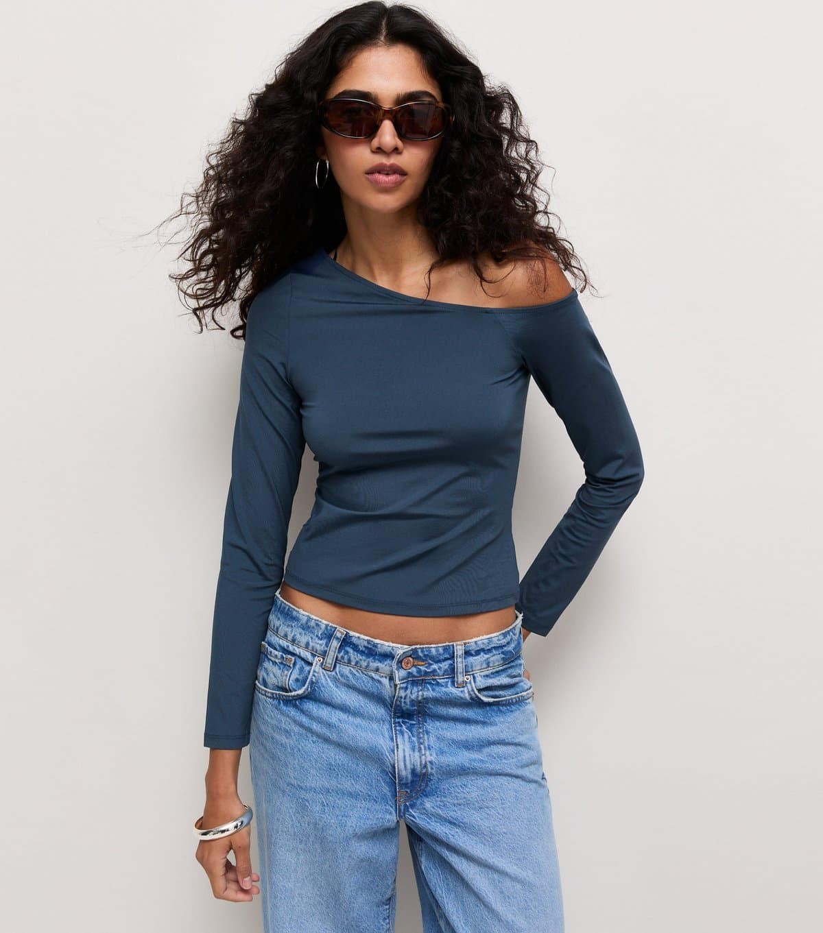 New Look Women's Blue Slinky Jersey Off the Shoulder Long Sleeve Top New Look