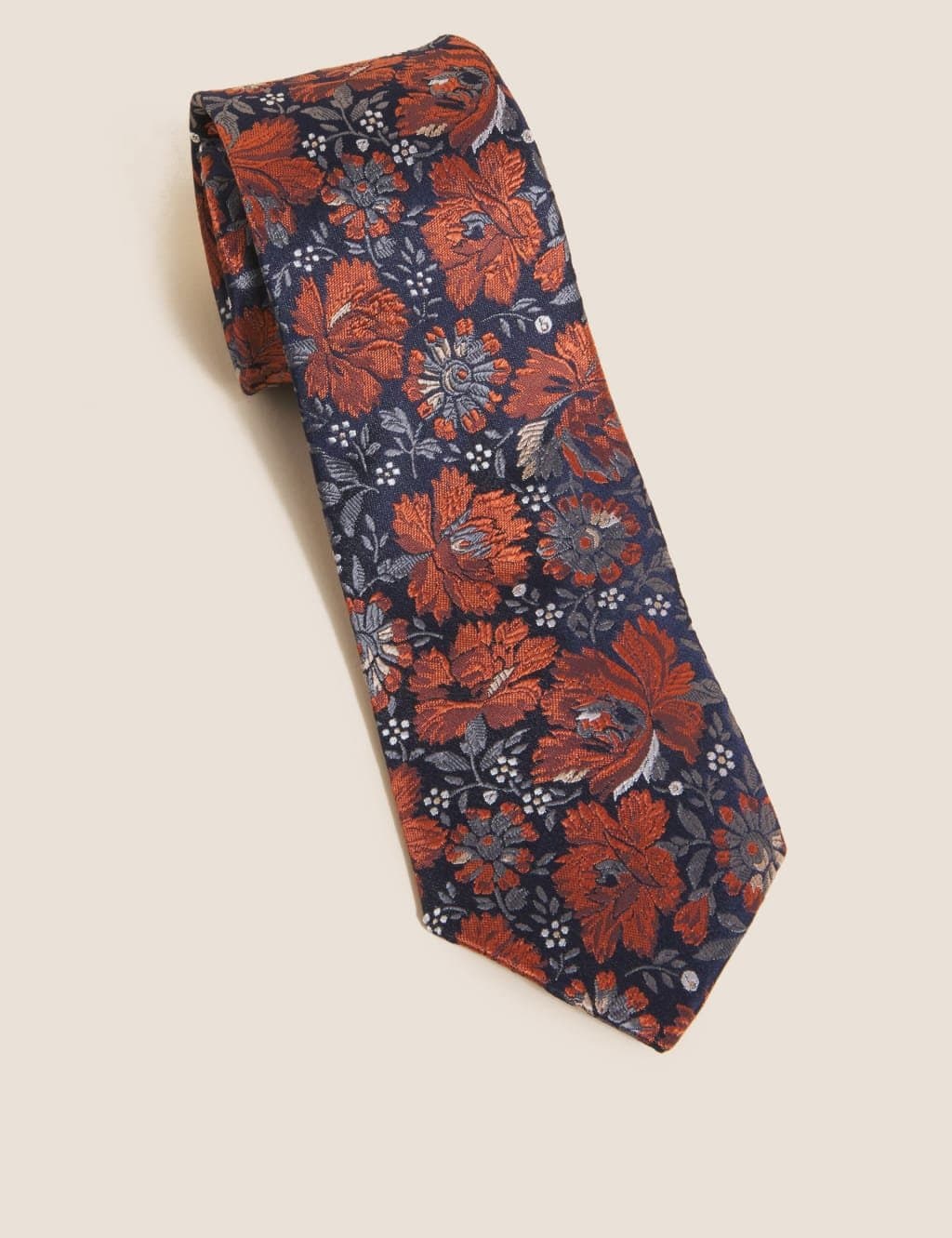 Marks & Spencer M&S Slim Floral Pure Silk Tie Navy Mix