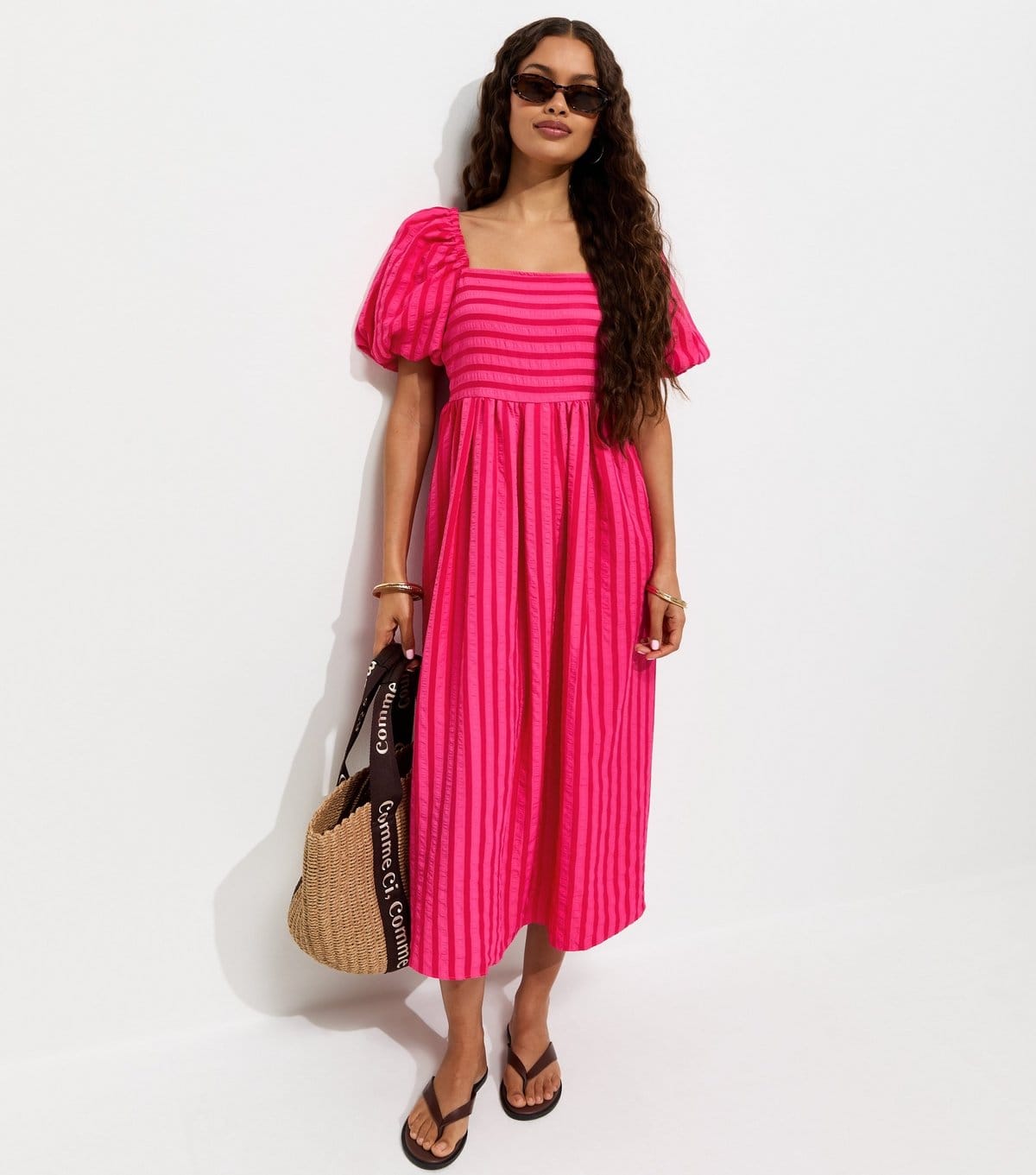 New Look Dark Pink Striped Puff Sleeve Midi Dress