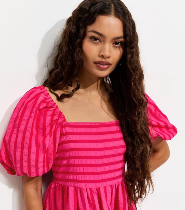 New Look Women's Petite Dark Pink Striped Puff Sleeve Midi Dress New Look - 2