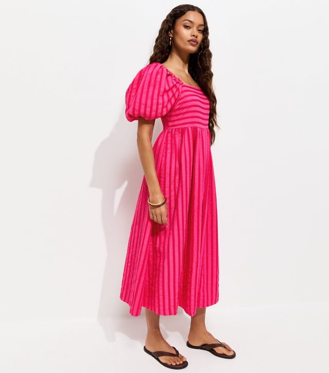 New Look Women's Petite Dark Pink Striped Puff Sleeve Midi Dress New Look - 3