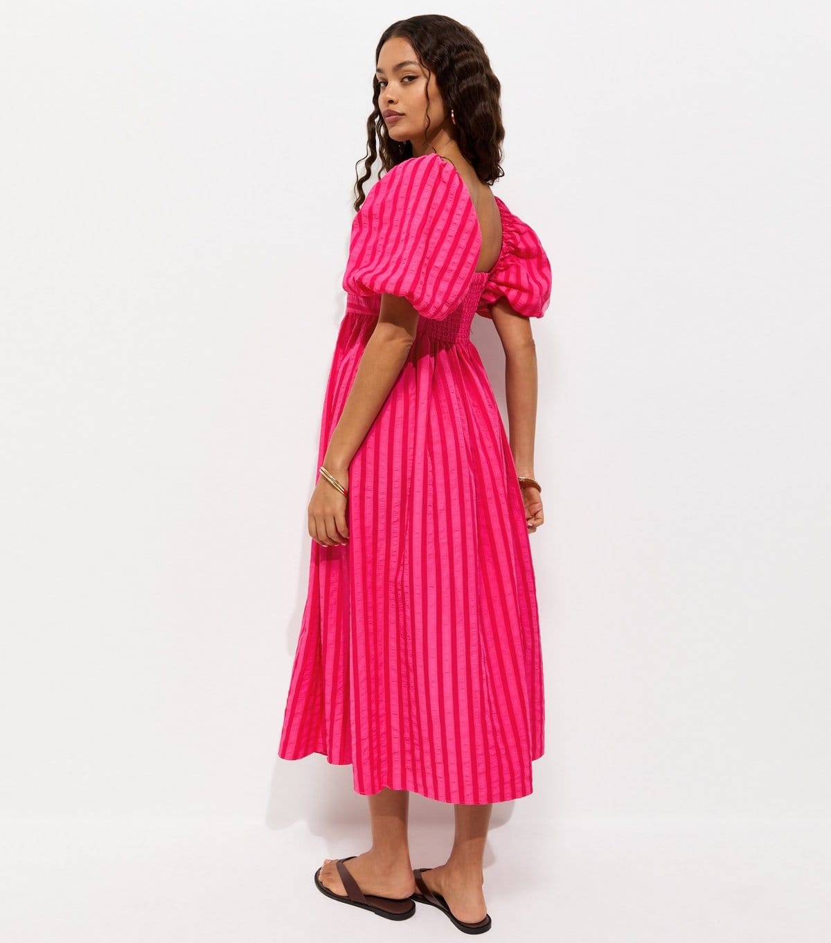 New Look Women's Petite Dark Pink Striped Puff Sleeve Midi Dress New Look - 4