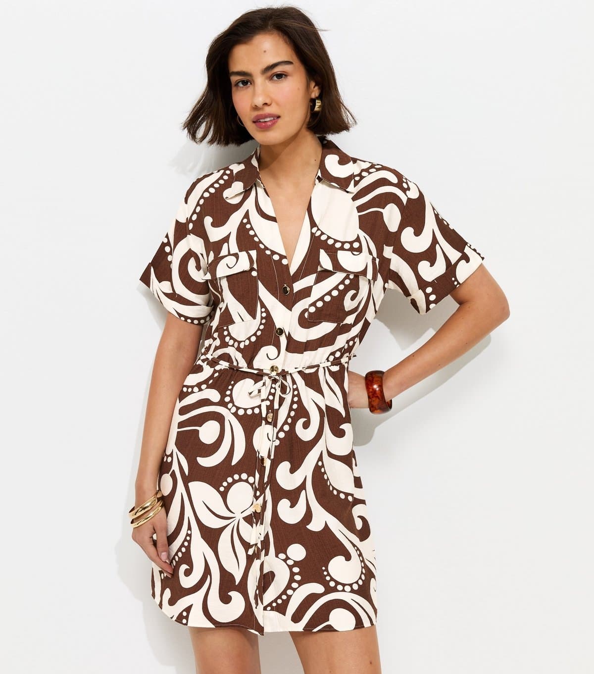 New Look Women's Brown Abstract Print Short Sleeve Shirt Dress New Look