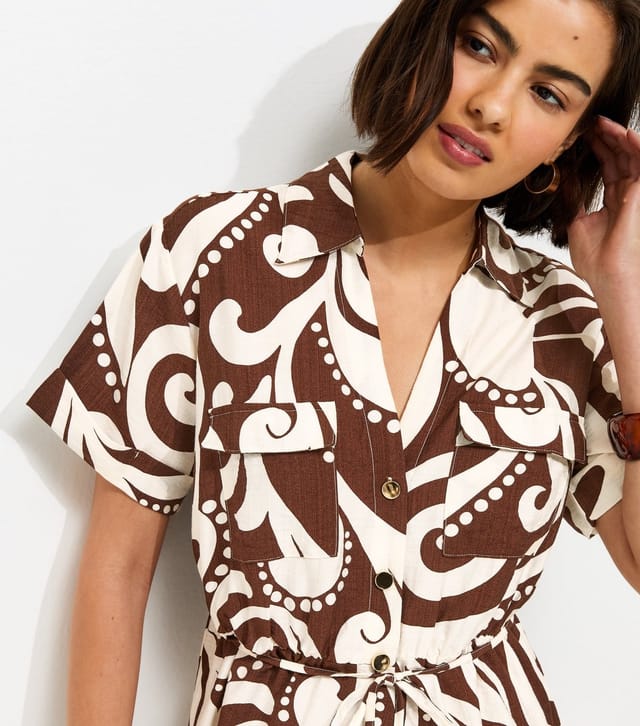 New Look Women's Brown Abstract Print Short Sleeve Shirt Dress New Look - 2